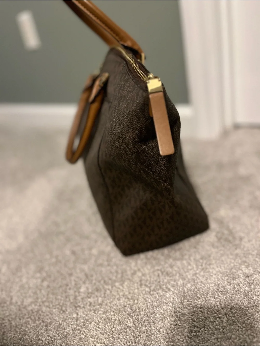 Michael Kors Brown and Tan Logo Satchel with Gold Hardware
